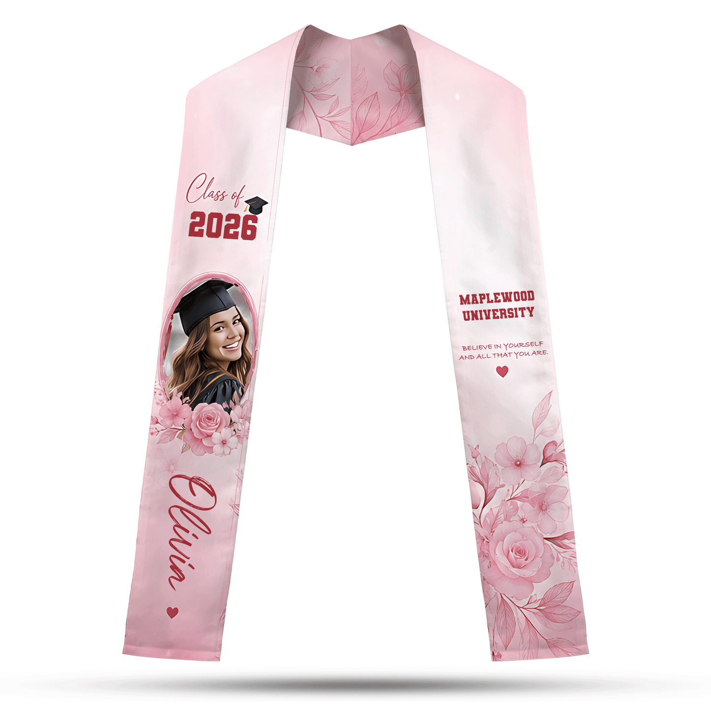 Personalized Pink Floral Graduation Stole – Custom Name