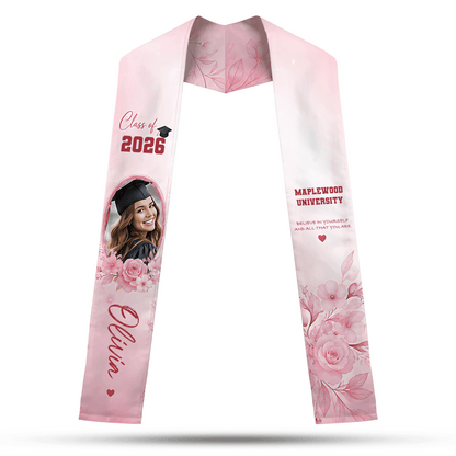 Personalized Pink Floral Graduation Stole – Custom Name