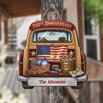 Personalized Red Truck 250th Anniversary Wooden Sign – Custom Family Name Patriotic Decor – 4th of July Gift for Family Door Sign
