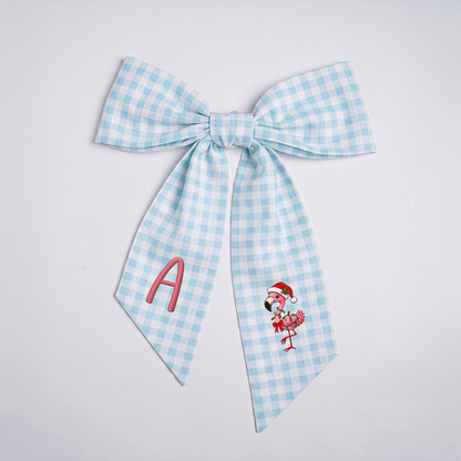 Custom Monogram Christmas Flamingo Floral Toile Wreath Bow, Personalized Initial Holiday Flamingo Wreath Sash & Front Door Decor