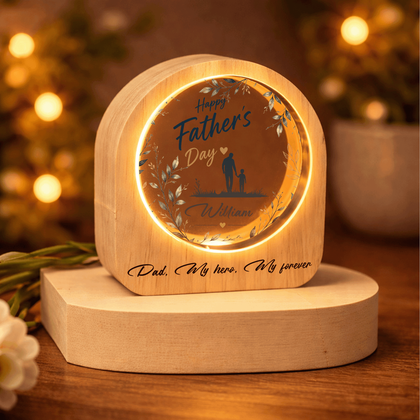 Personalized Round Night Light – “Dad, My Hero, My Forever” Custom Name Gift
