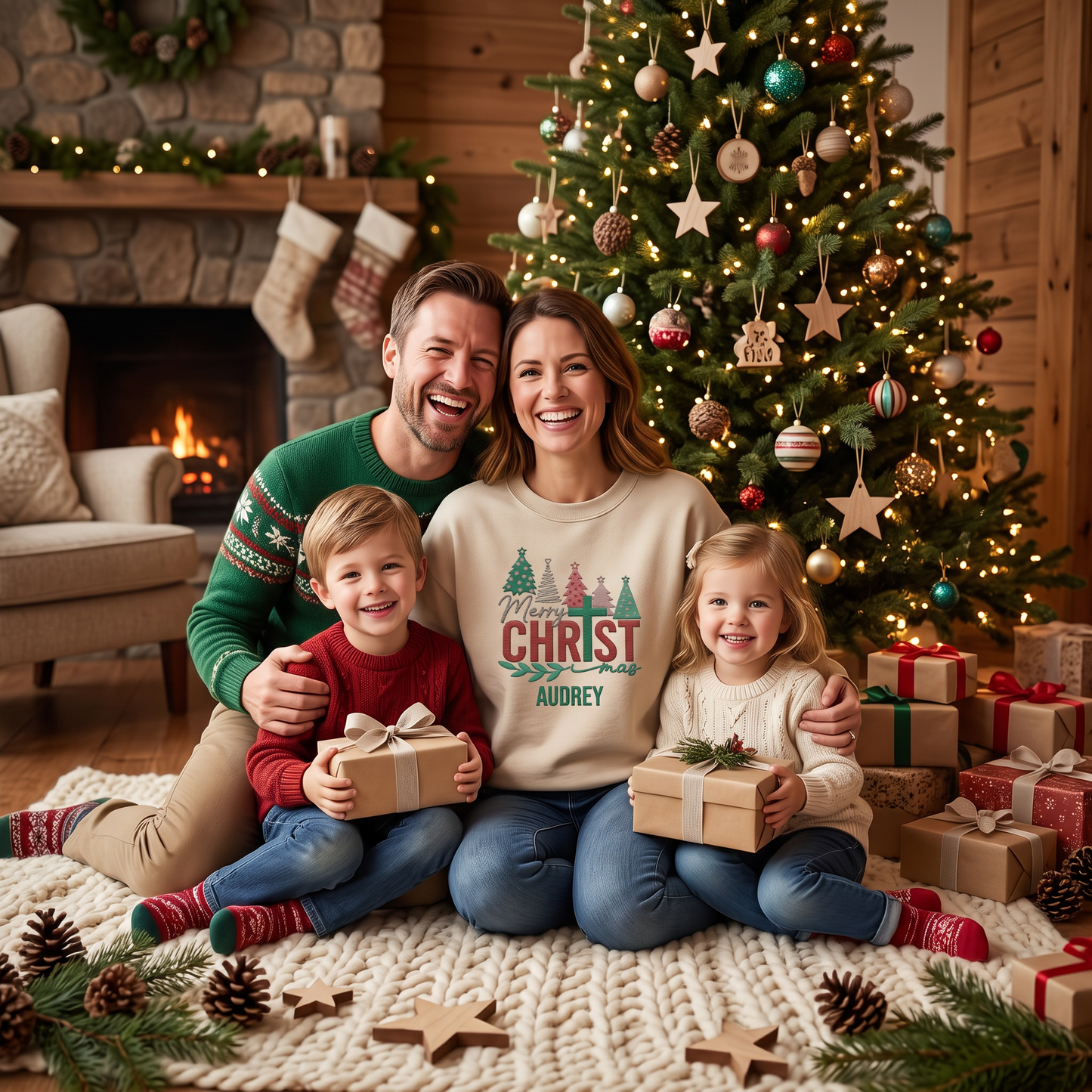 Merry Christmas Embroidered Sweatshirt, Christmas Tree Holiday Pullover