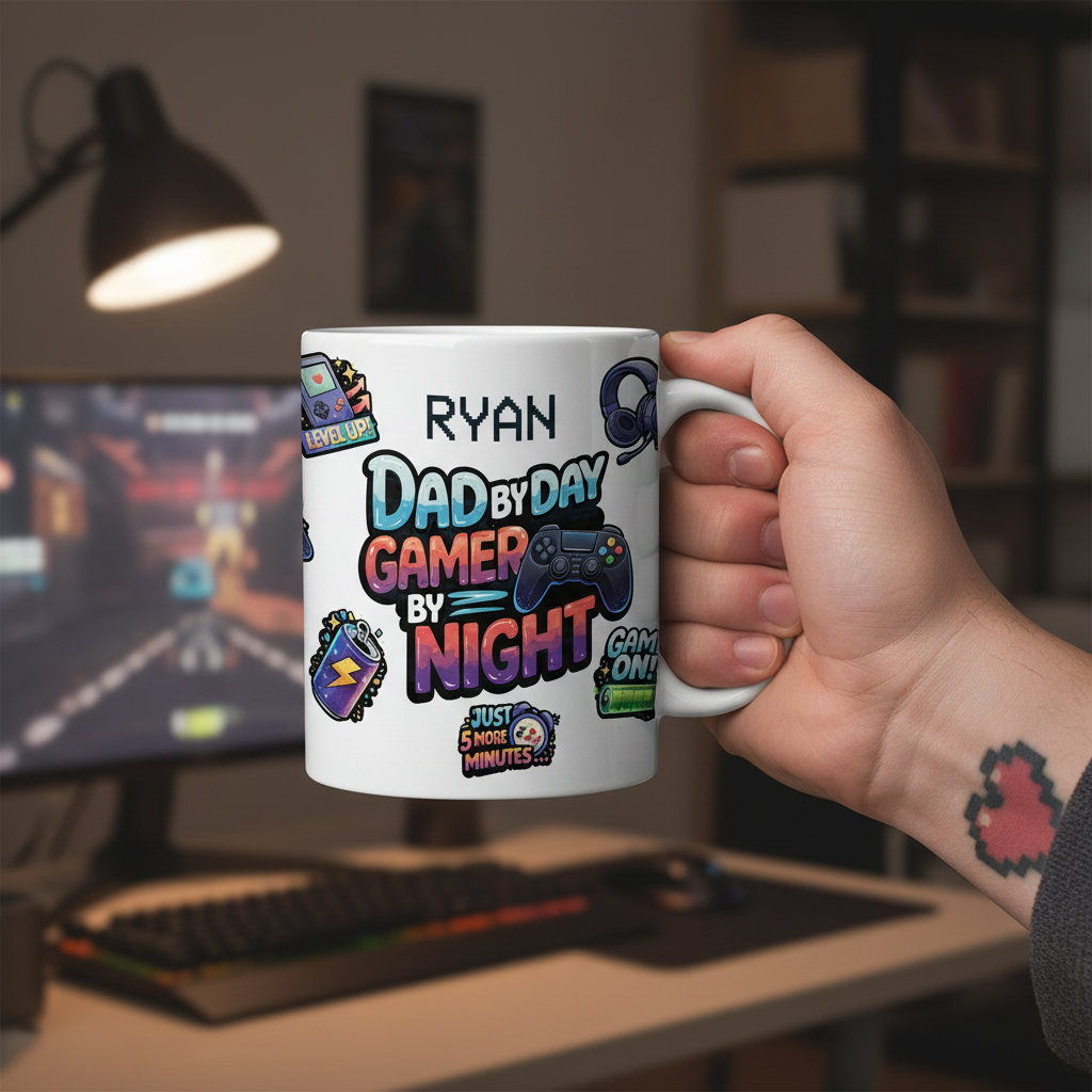 Personalized Gamer Dad Mug – Dad by Day Gamer by Night Custom Name Coffee Mug