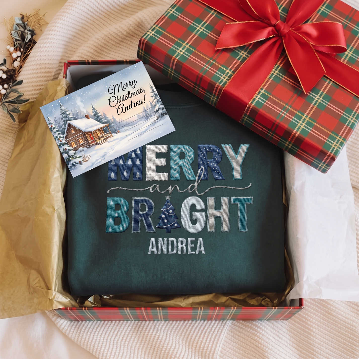 Personalized Merry and Bright Christmas Sweatshirt with Custom Name | Festive Holiday Crewneck Gift