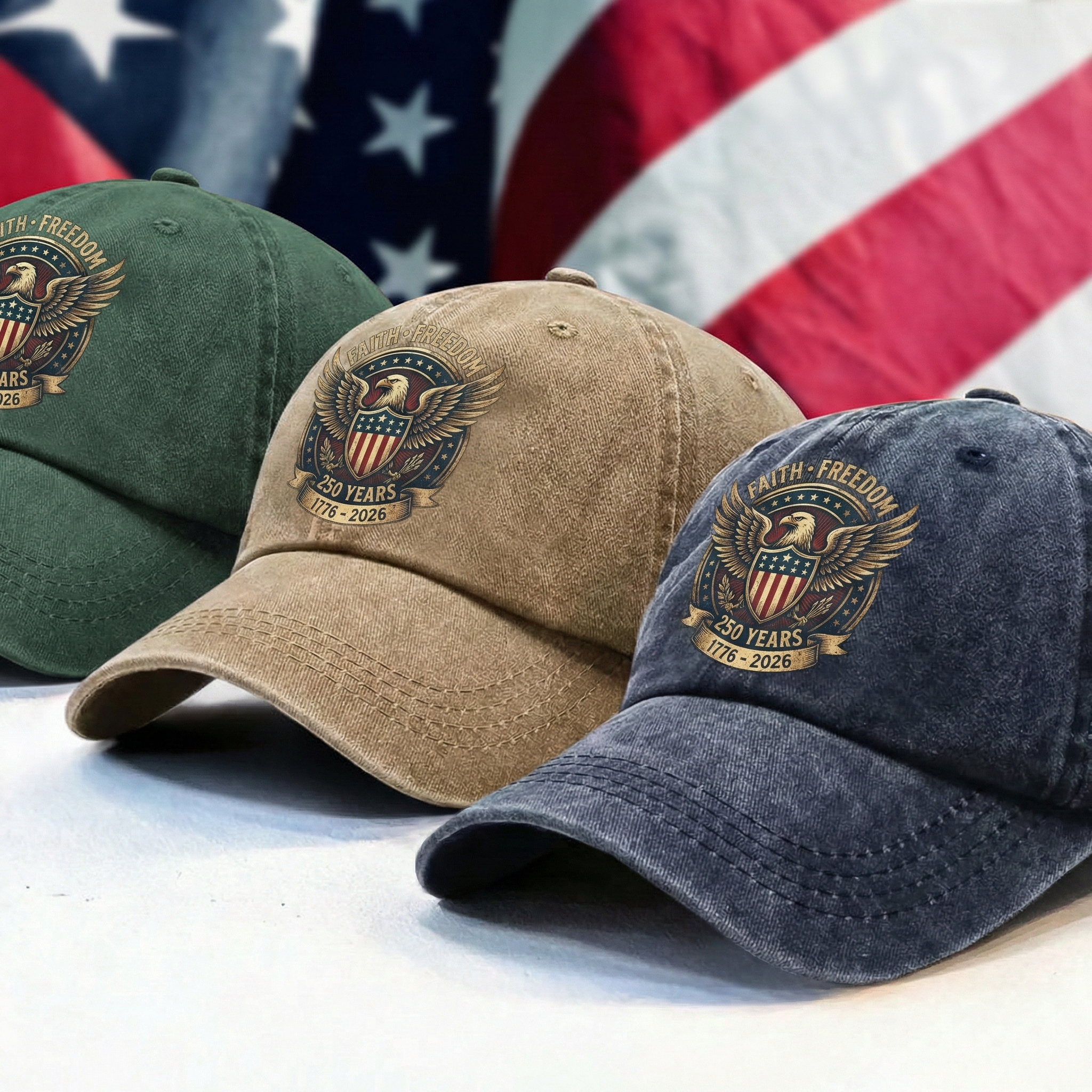 250 Years Of Freedom 1776–2026 Eagle Custom Name Washed Denim Baseball Cap