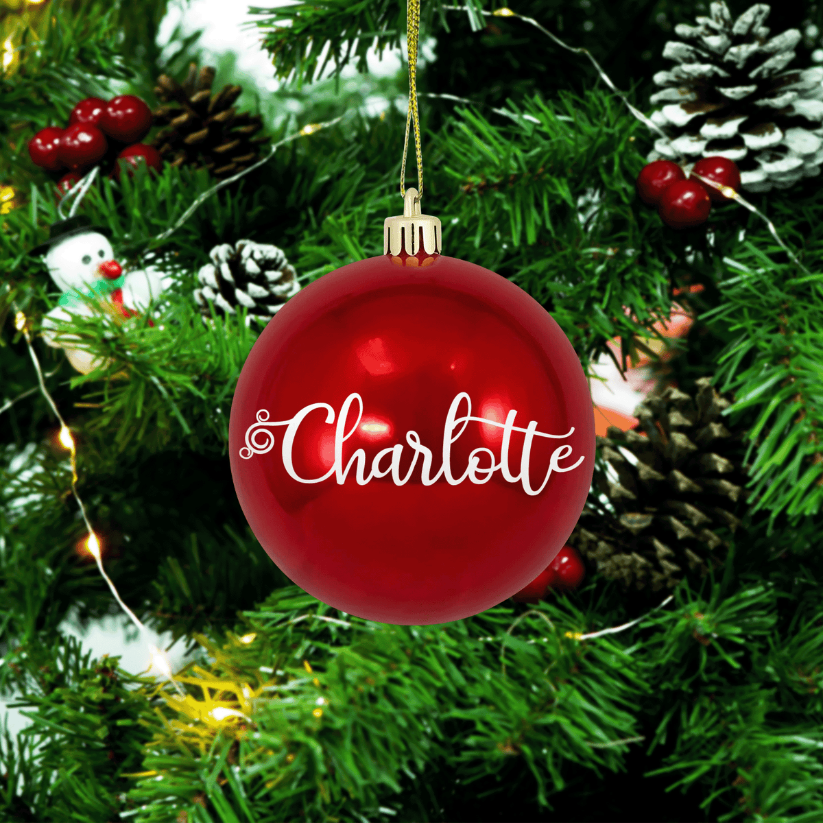 Personalized Name Christmas Ball Ornament - Red Shatterproof Plastic Holiday Hanging Bauble