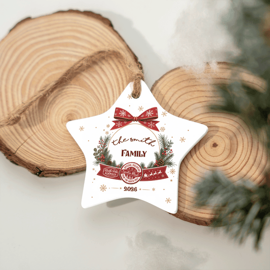 Family name star ornament propped against wood slices