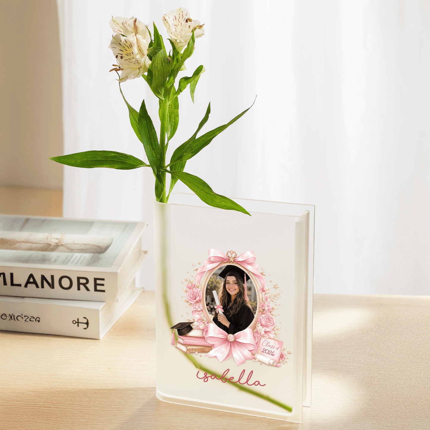Personalized Pink Bow Acrylic Book Vase with Custom Photo