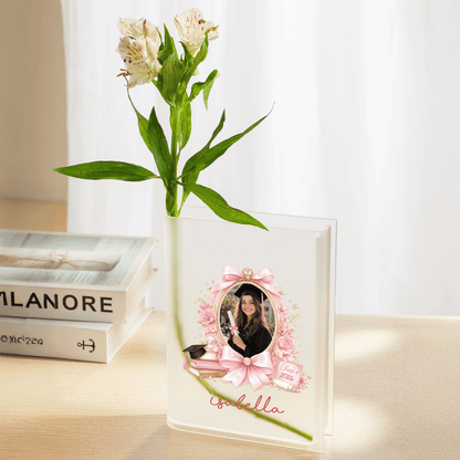 Personalized Pink Bow Acrylic Book Vase with Custom Photo