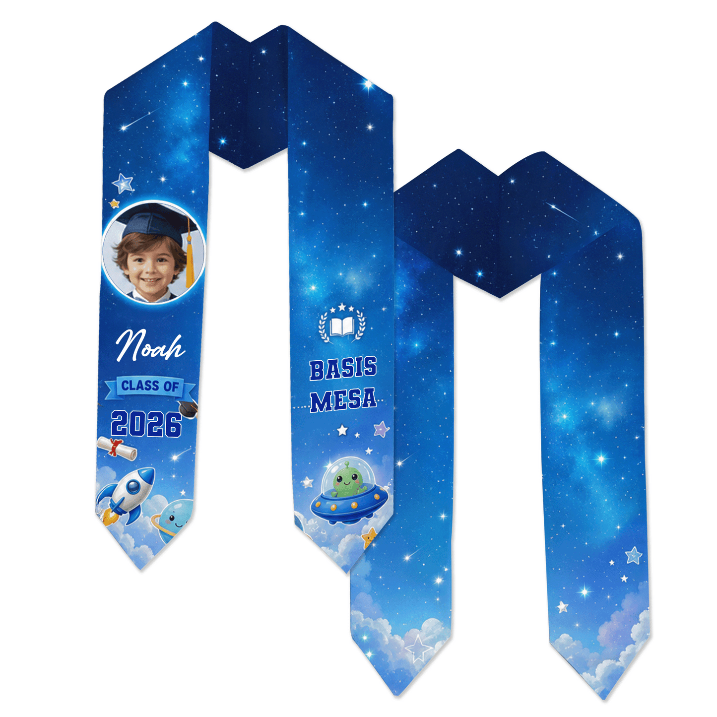 Personalized Blue Rocket Kid Graduation Stole – Custom Name