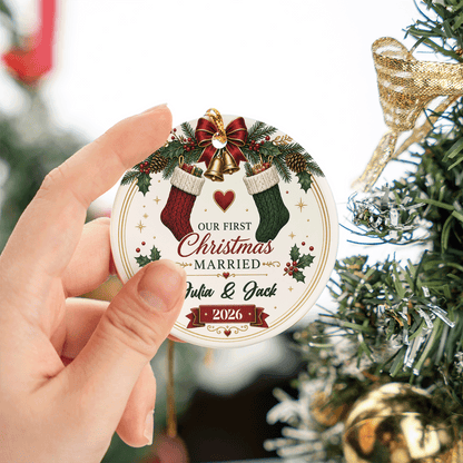 Personalized Our First Christmas Married Ceramic Ornament, Custom Name Wedding Christmas Gift