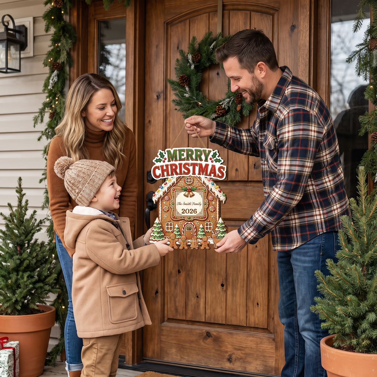 Personalized Gingerbread House Merry Christmas Custom Shape Wood Sign, Custom Family Name Year Gingerbread Family Reindeer Wooden Hanging Plaque, Festive Holiday Door & Wall Decor Family Gift
