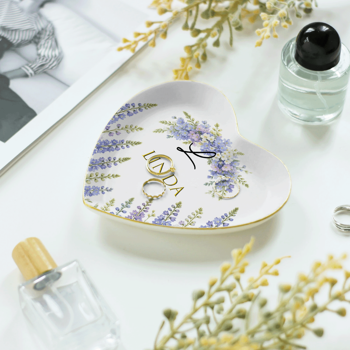 Personalized Birth Month Flower Ring Dish Custom Name Jewelry Trinket Dish