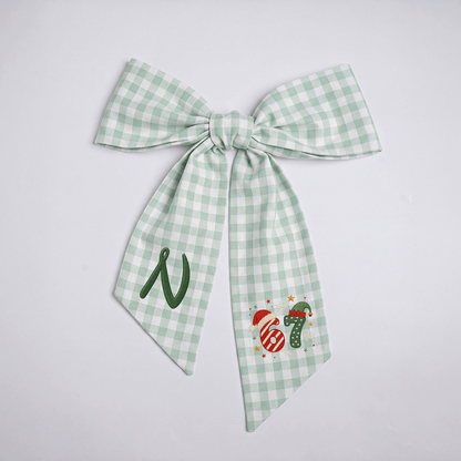 Custom Monogram Christmas 67 Santa Elf Hat Embroidered Linen Door Wreath Sash, Personalized Wreath Sash & Front Door Decor