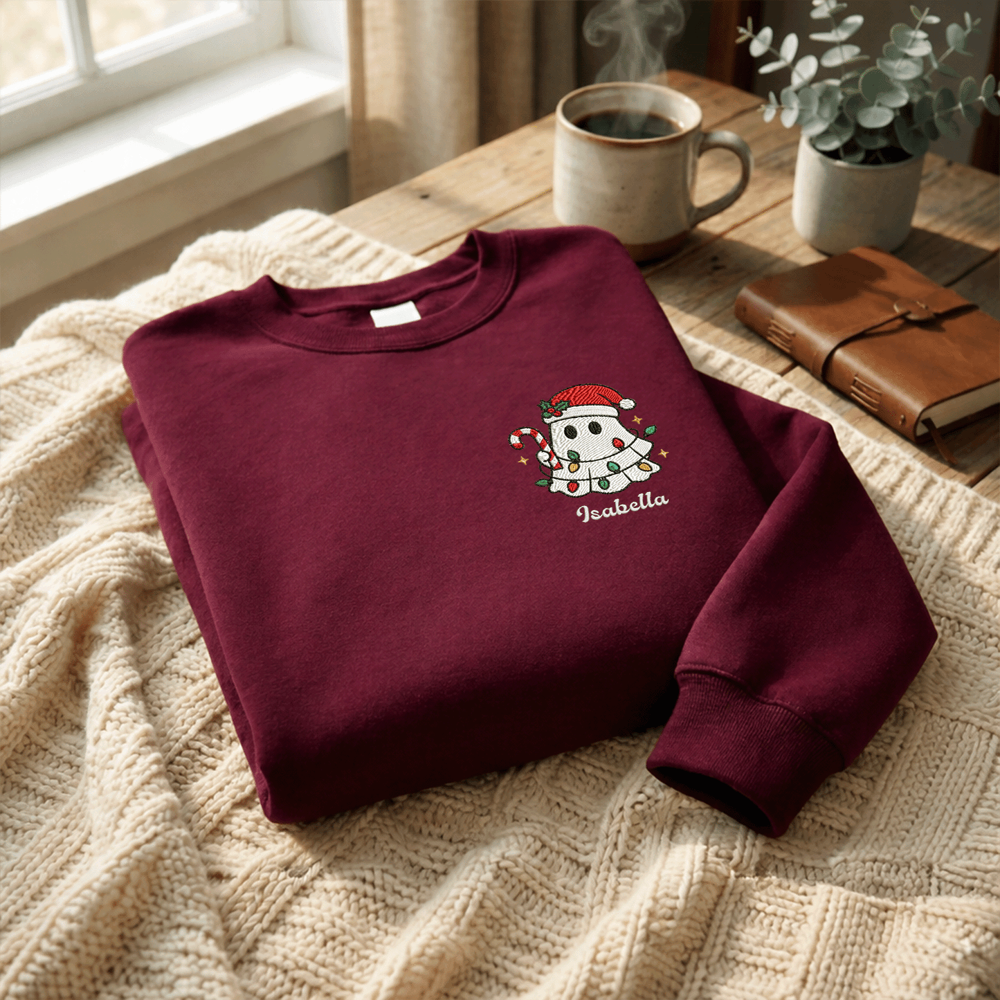 Personalized Cute Christmas Ghost Embroidered Sweatshirt, Custom Name Spooky Holiday Crewneck, Funny Christmas Ghost Sweatshirt Gift