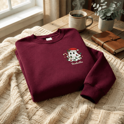 Personalized Cute Christmas Ghost Embroidered Sweatshirt, Custom Name Spooky Holiday Crewneck, Funny Christmas Ghost Sweatshirt Gift