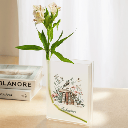 Personalized Vintage Books & Bird Acrylic Book Vase, Custom Name Literary Flower Vase