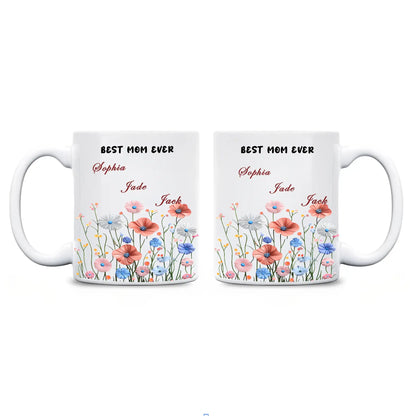 Personalized Mom Floral Mug with Kids Names – Custom Coffee Cup Mother’s Day Gift for Mom