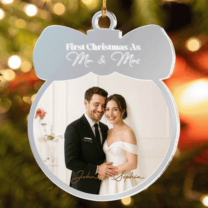 Personalized First Christmas Married Couple Mirrored Acrylic Ornament - Custom Wedding Photo Gift