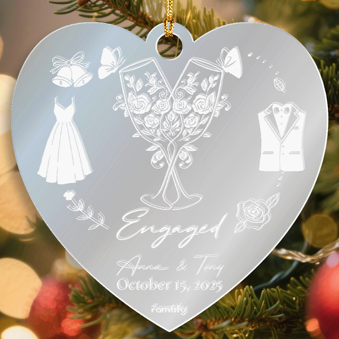 Personalized Mirrored Acrylic Heart Shape Ornament With Engagement Date