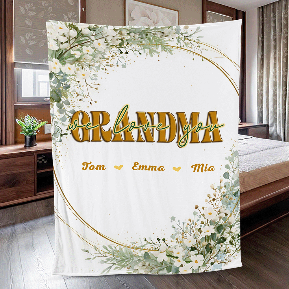 “Grandma, We Love You” – Heartfelt Mother’s Day Gift from Grandkids – Personalized Floral Heart Blanket