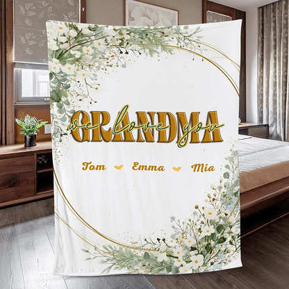 “Grandma, We Love You” – Heartfelt Mother’s Day Gift from Grandkids – Personalized Floral Heart Blanket