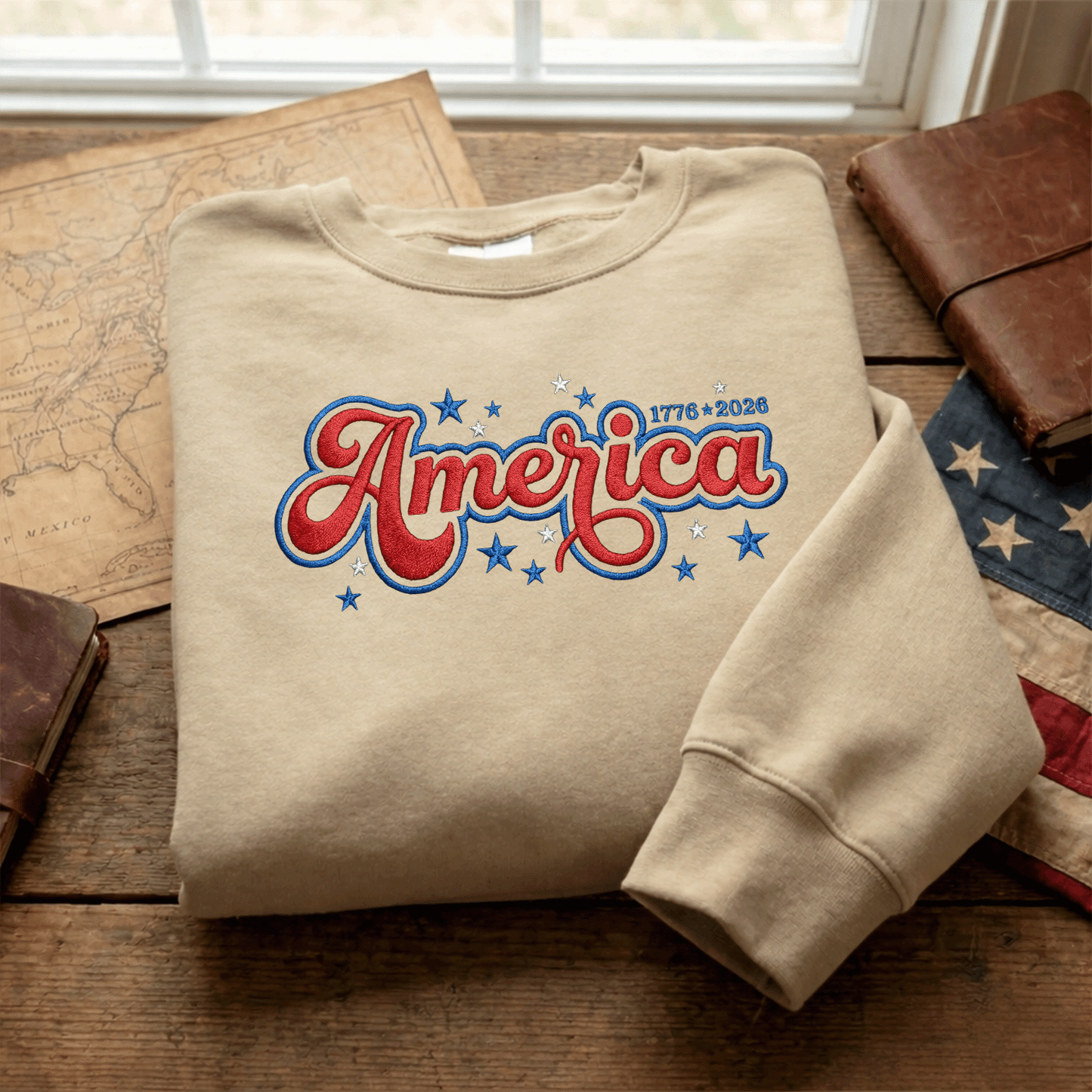 USA 250 Freedom - Embroidered Sweater 1776-2026 Patriotic Pullover