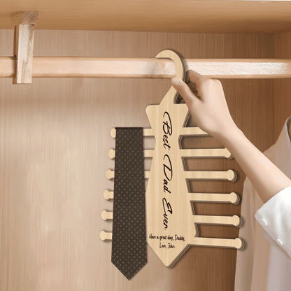 Personalized Tie Hanger for Dad – “Best Dad Ever” Wooden Organizer Gift