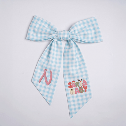 Custom Monogram Santa Baby Embroidered Linen Door Wreath Sash, Personalized Initial Retro Typography Reindeer Pink Tree Holiday Wreath Sash & Front Door Decor