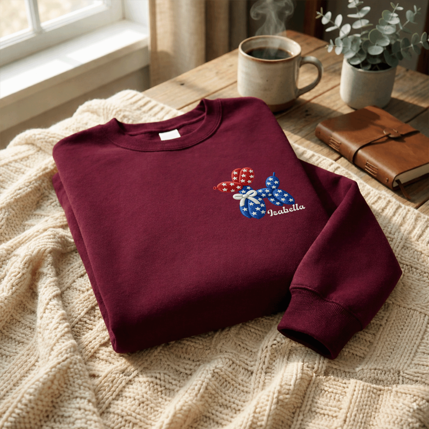 Personalized Patriotic Balloon Dog Embroidered Sweatshirt | Custom Name American Flag Crewneck Gift