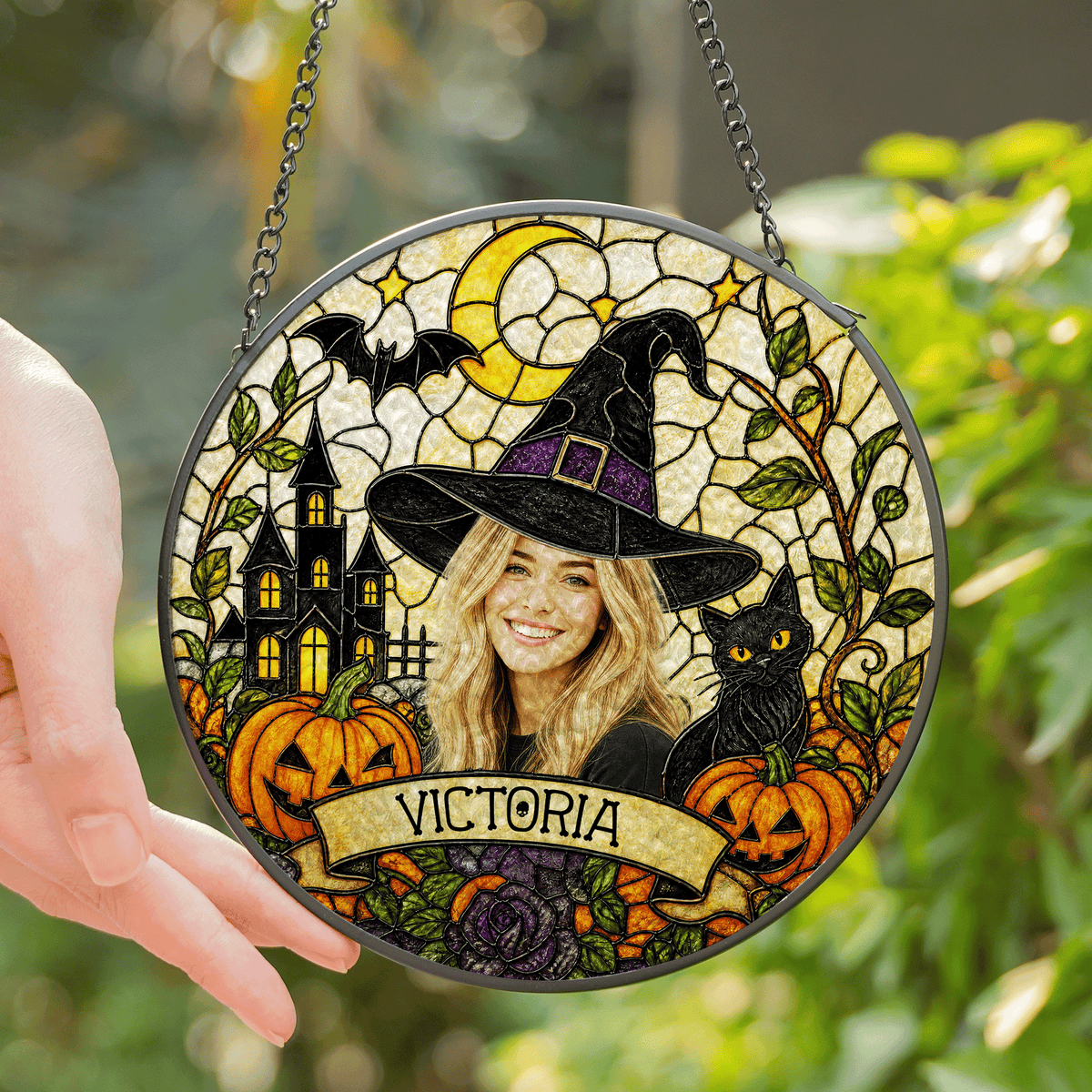Personalized Halloween Witch Custom Photo Black Cat Stained Glass Suncatcher Window Hanging Custom Name Home Wall Decor