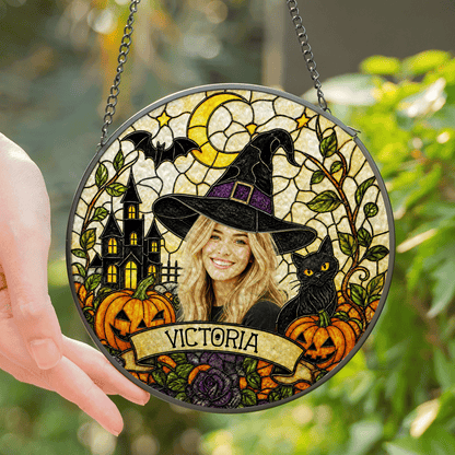 Personalized Halloween Witch Custom Photo Black Cat Stained Glass Suncatcher Window Hanging Custom Name Home Wall Decor