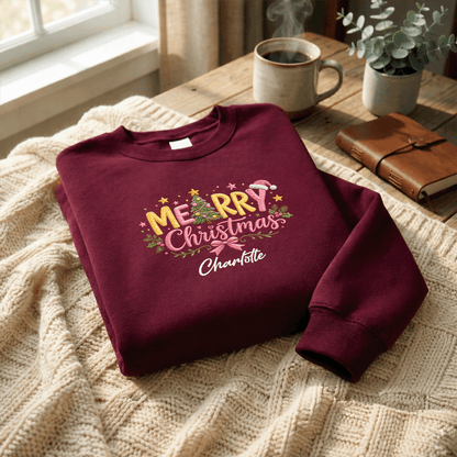 Personalized Embroidered Merry Christmas Typography Sweatshirt with Custom Name