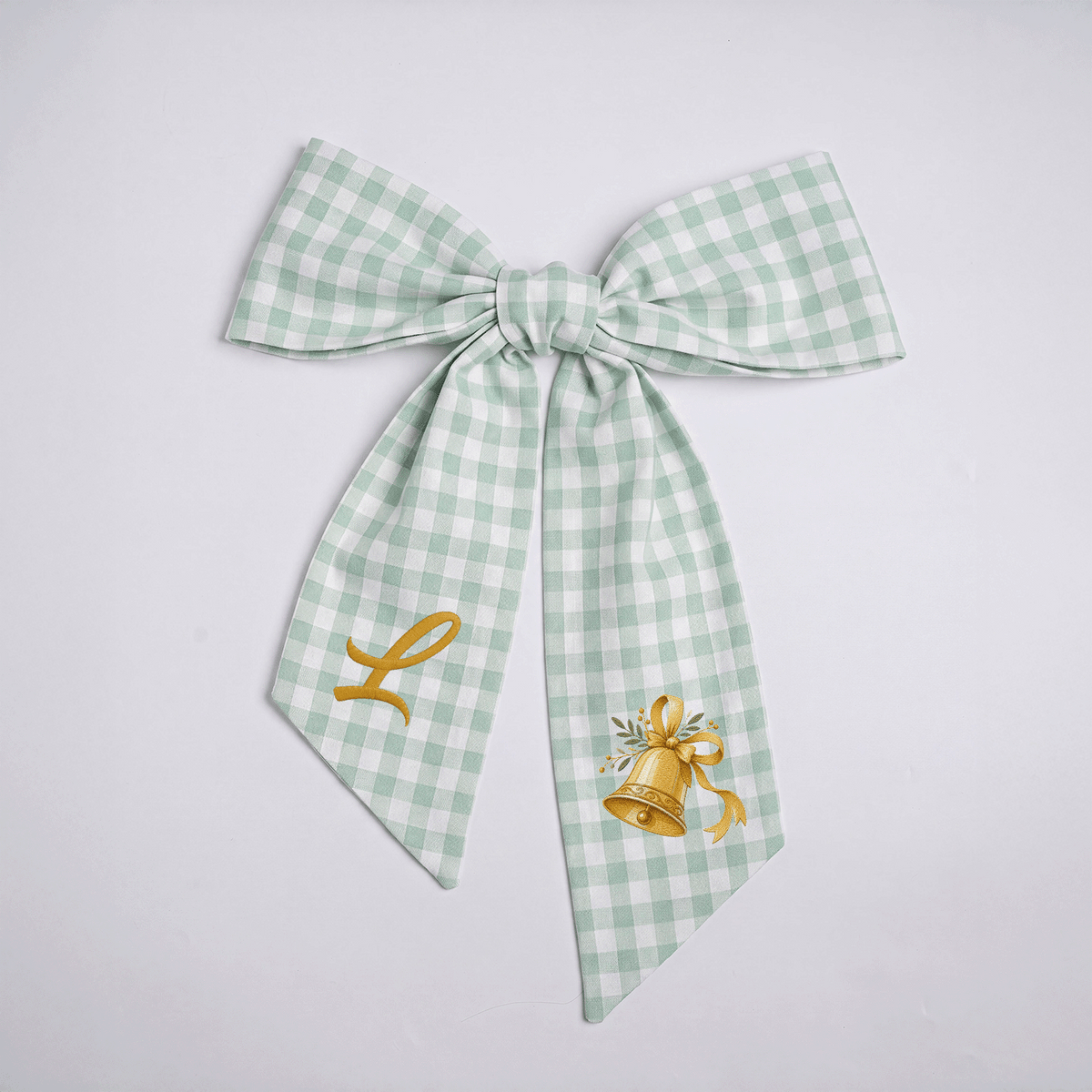 Custom Letter Golden Christmas Bell Embroidered Linen Wreath Sash, Personalized Monogram Holiday Bow Sash for Door Decor
