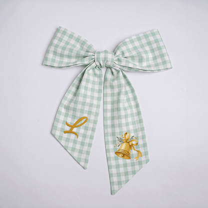 Custom Letter Golden Christmas Bell Embroidered Linen Wreath Sash, Personalized Monogram Holiday Bow Sash for Door Decor