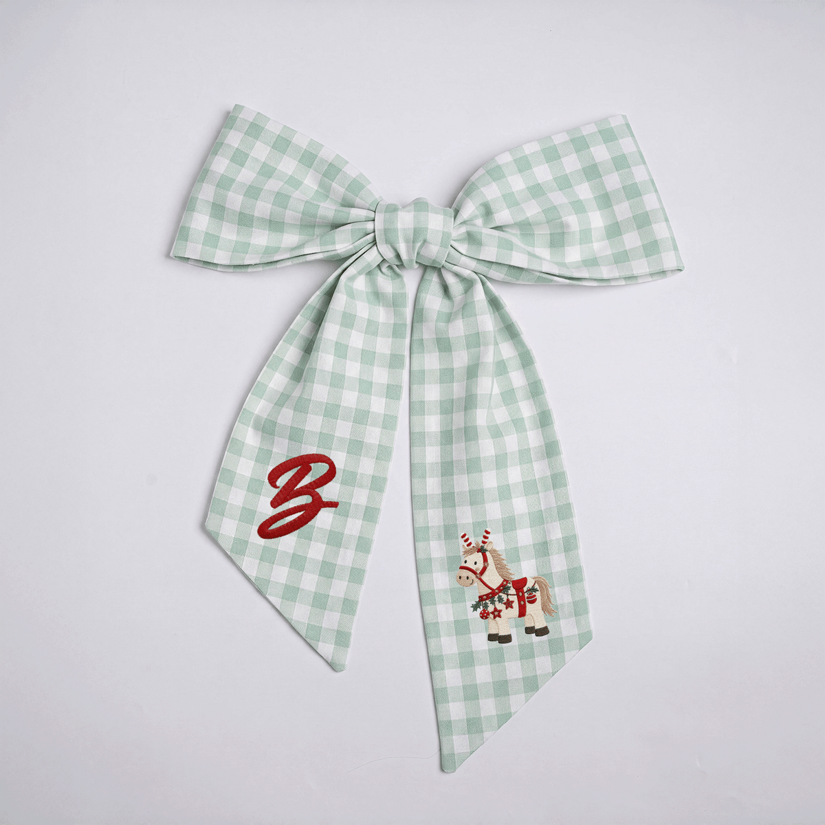 Custom Letter Christmas Rocking Horse Embroidered Linen Wreath Sash, Personalized Monogram Holiday Bow Sash for Door Decor