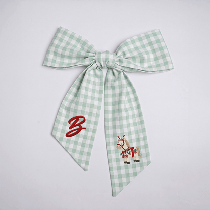Custom Letter Christmas Rocking Horse Embroidered Linen Wreath Sash, Personalized Monogram Holiday Bow Sash for Door Decor
