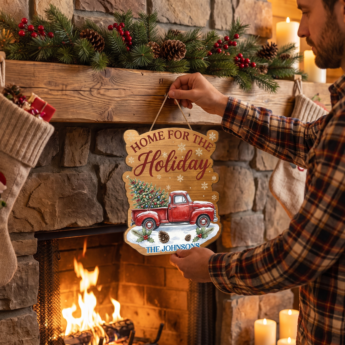 Personalized Red Truck Custom Shape Wood Sign, Custom Family Name Home For The Holiday Vintage Wooden Hanging Plaque, Festive Christmas Door & Wall Decor Family Gift