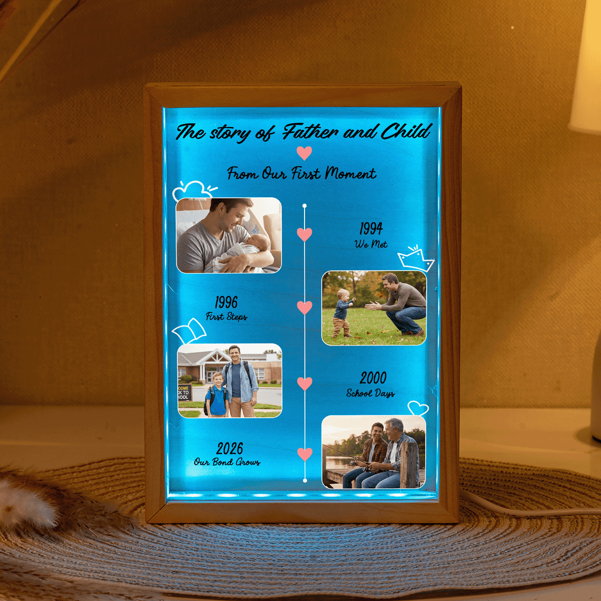 The Story of Father and Child From Our First Moment Photo Frame Light Box - Custom Photo LED Gift for Dad
