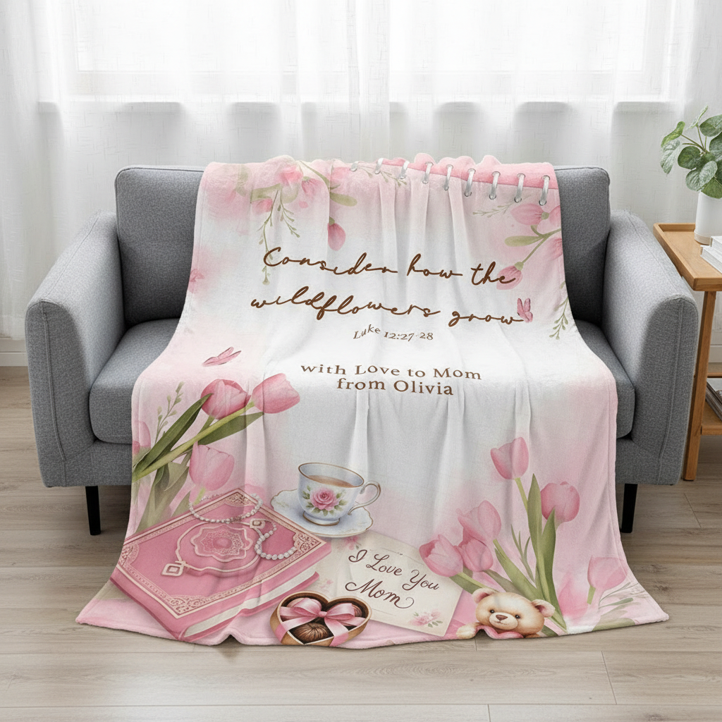 Personalized Christian Sherpa Blanket with Bible Verse – Floral Patchwork Faith Gift for Mom Daughter