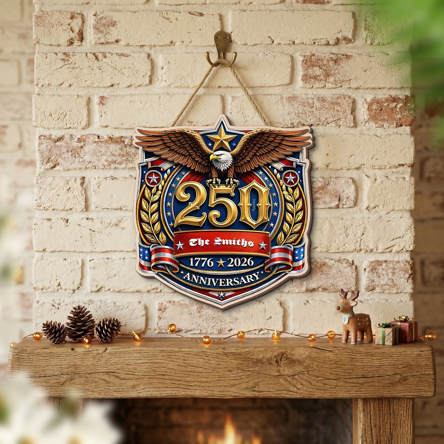 Personalized USA 250th Anniversary 2-Layer Wood Sign – Patriotic Eagle Emblem 1776–2026 Custom Family Name Door Decor