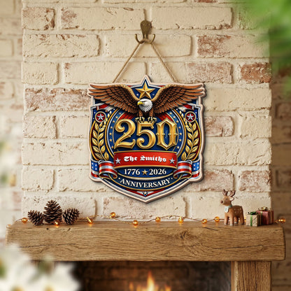 Personalized USA 250th Anniversary 2-Layer Wood Sign – Patriotic Eagle Emblem 1776–2026 Custom Family Name Door Decor