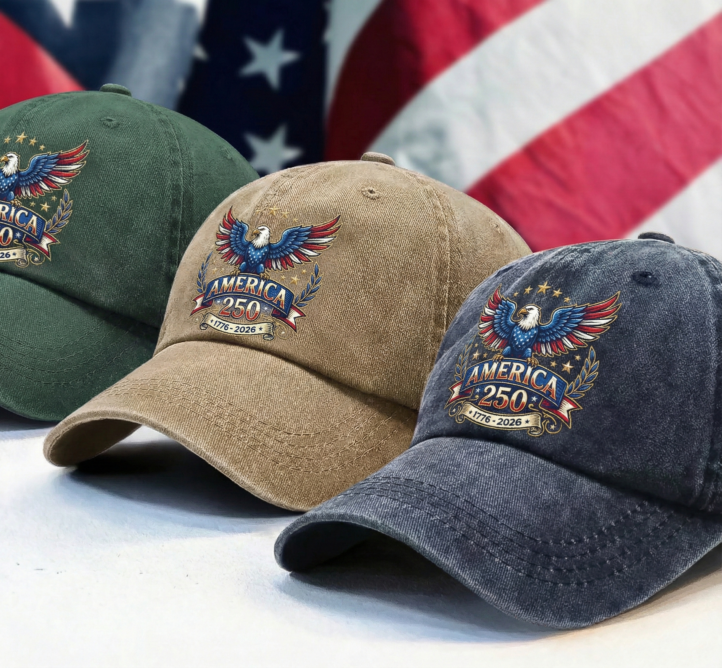 America 250 Washed Denim Baseball Cap – Personalized Eagle USA Patriotic Hat 1776–2026