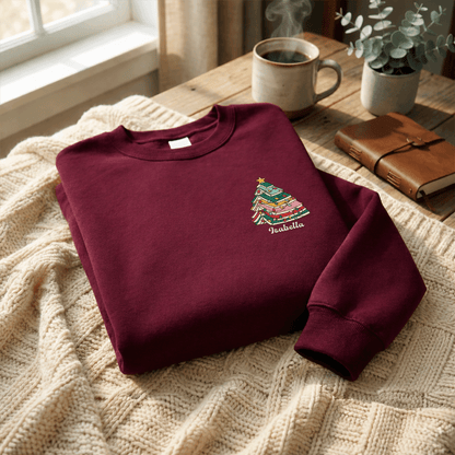 Personalized Christmas Tree Books Sweatshirt with Custom Name | Book Lover Holiday Crewneck