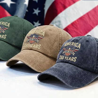America 250 Years Strong – Patriotic Gift for America’s 250th Anniversary for Americans – Personalized Washed Denim Baseball Cap