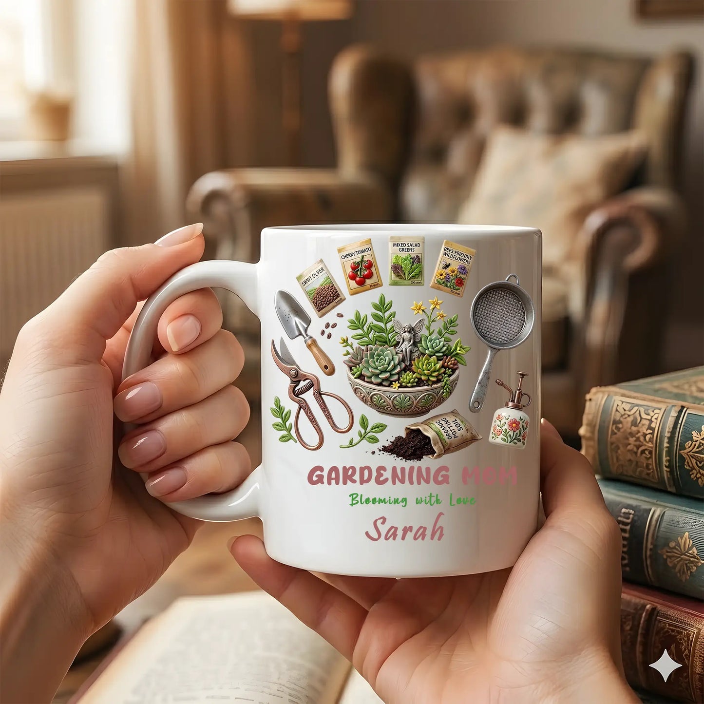 Blooming Garden Love Design – Personalized Gardening Mom Mug – Birthday or Mother’s Day Gift for Mom – Custom Name Plant Lover Mug