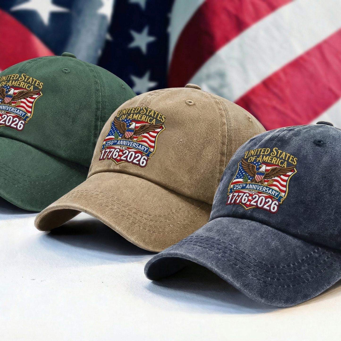 1776–2026 American 250th Anniversary Eagle Washed Denim Cap – Personalized Patriotic Gift for Dad