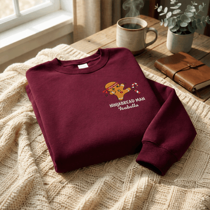Funny Ninjabread Man Embroidered Sweatshirt with Custom Name | Personalized Christmas Gingerbread Crewneck Gift