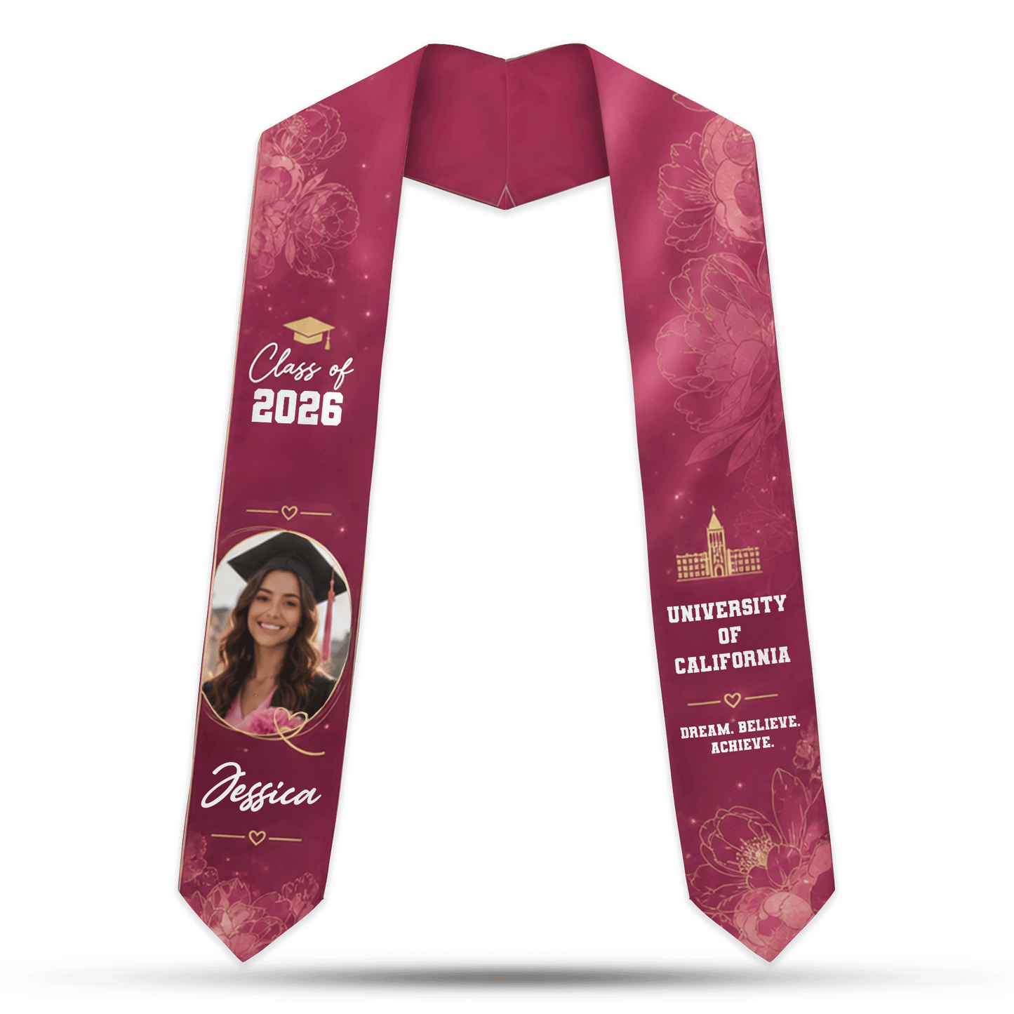 Personalized Floral Graduation Stole – Custom Photo, Name and Year