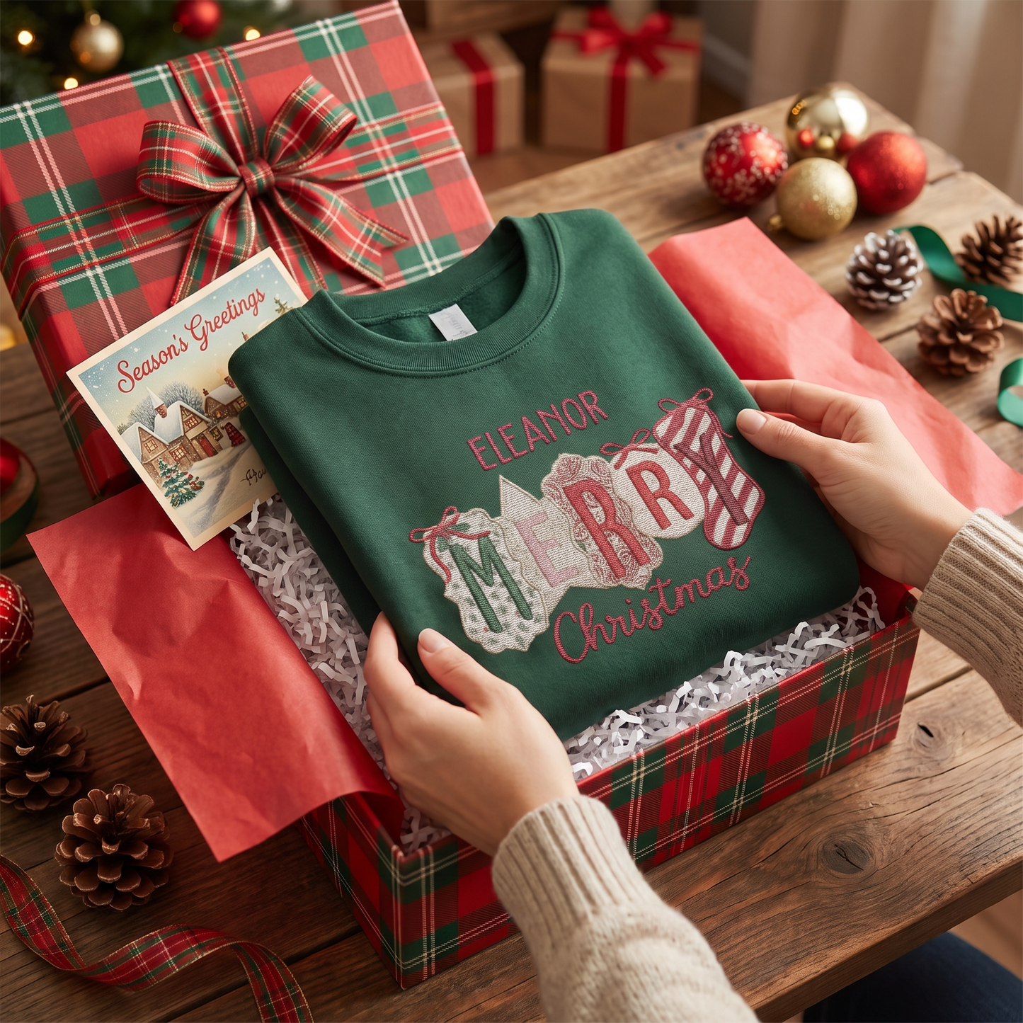 Personalized Merry Christmas Patchwork Sweatshirt with Custom Name | Vintage Holiday Crewneck Gift